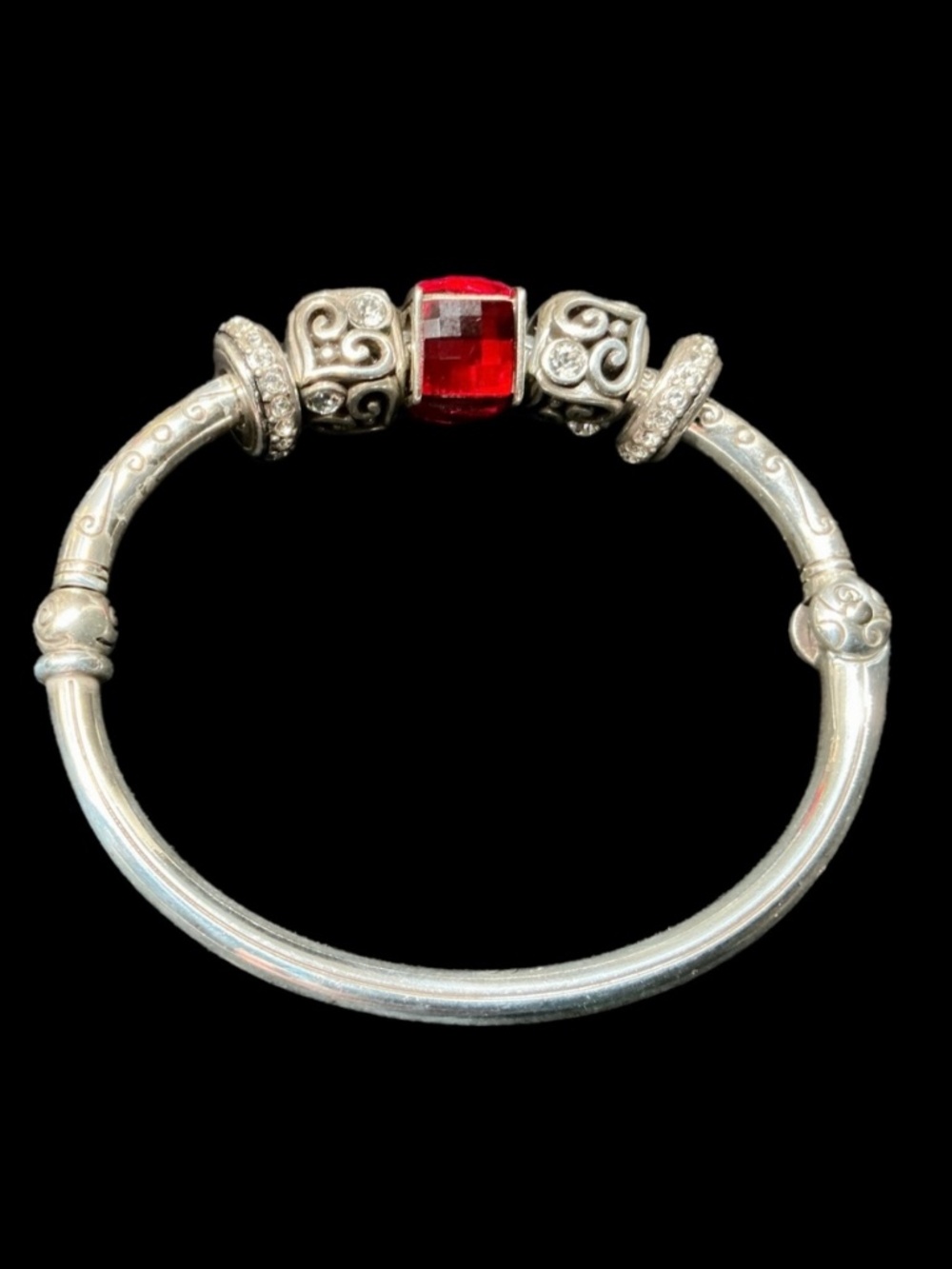 Brighton Silver Tone Red Crystal Bead Clamper Bracelet 6.5"